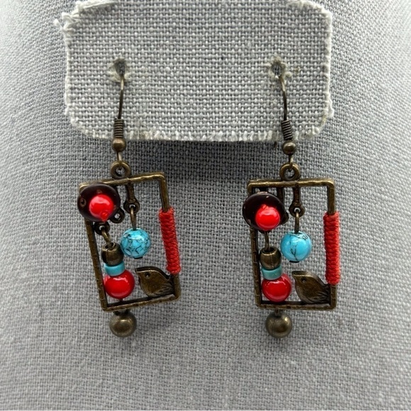 Brown Brass Colored Red & Blue Beaded Abstract Bird Box Drop Dangle Earrings - Picture 1 of 6